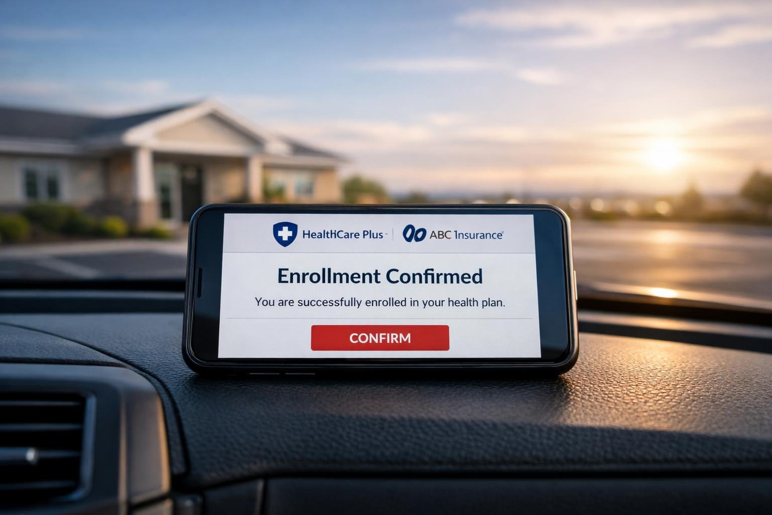 Smartphone on a car dashboard showing a co-branded home health 1099 coverage enrollment confirmation