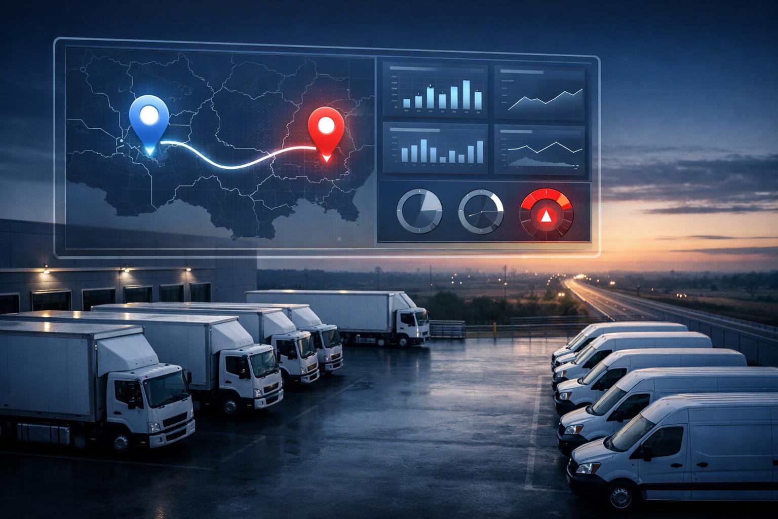 Last-mile delivery trucks at a distribution dock at dawn with a route map overlay, illustrating last-mile delivery insurance