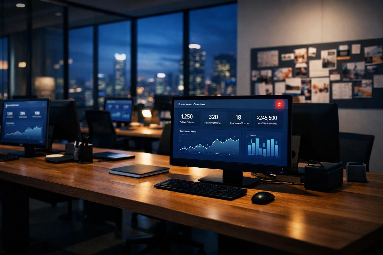 Modern creative agency workspace with enrollment dashboard illustrating marketing agency 1099 coverage