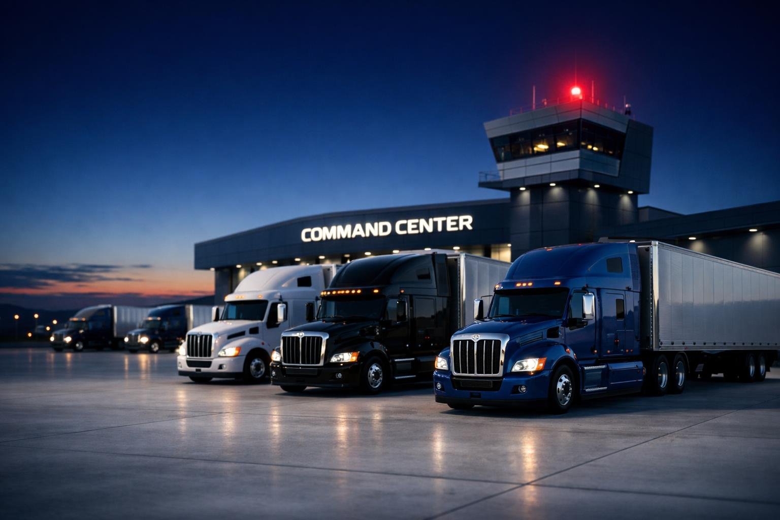 Modern American semi-trucks at dawn representing same-day OAI enrollment for fleet accounts