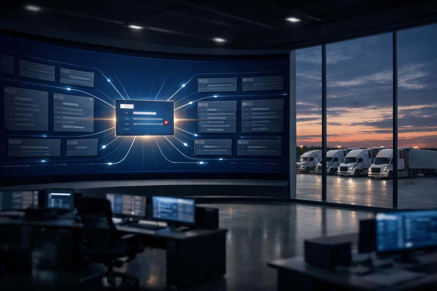 Logistics command center dashboard showing producer attribution on OAI applications, semi-trucks at dusk