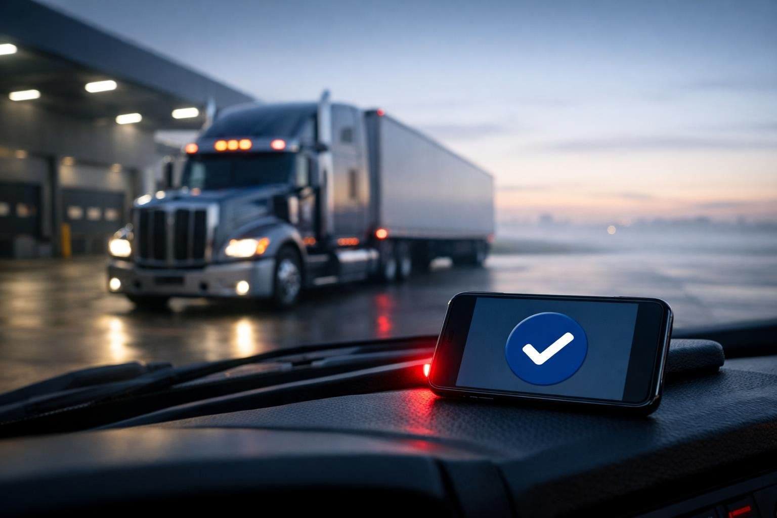 Modern semi-truck at a logistics terminal at dawn with a phone on the dash, showing OAI roster changes in minutes