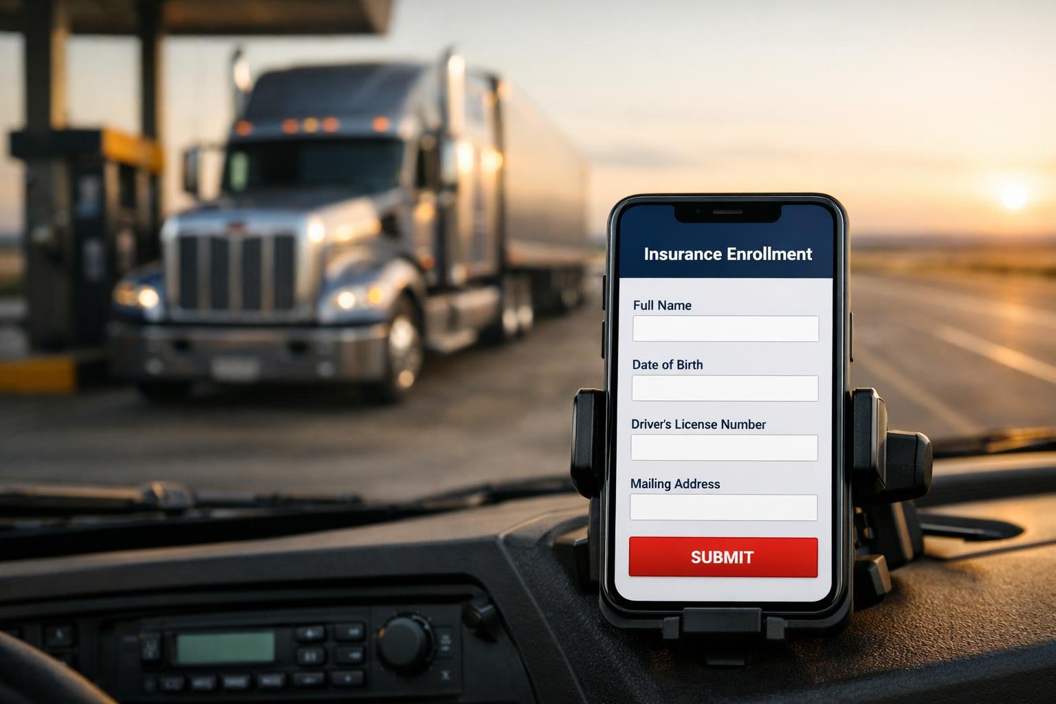 Smartphone on a semi-truck dash showing a co-branded enrollment form, the one-link OAI sales process