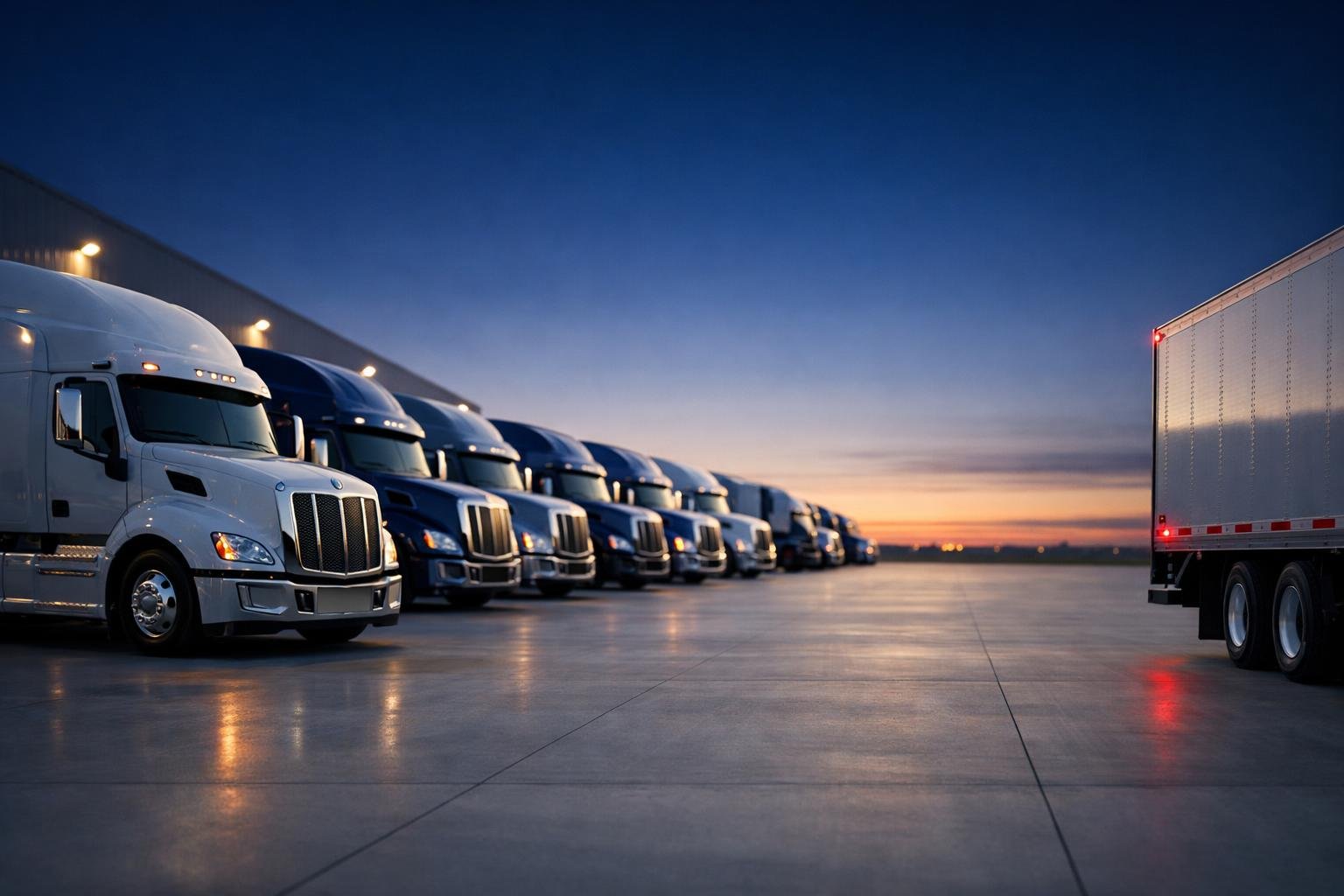 Modern semi-truck fleet at a logistics terminal at dawn, representing owner-operator coverage for lease-on motor carriers