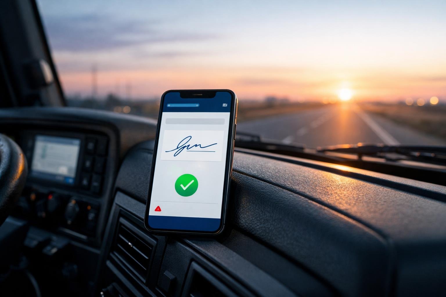 Paperless OAI enrollment on a smartphone resting on the dashboard of a modern semi-truck at dawn on an open highway