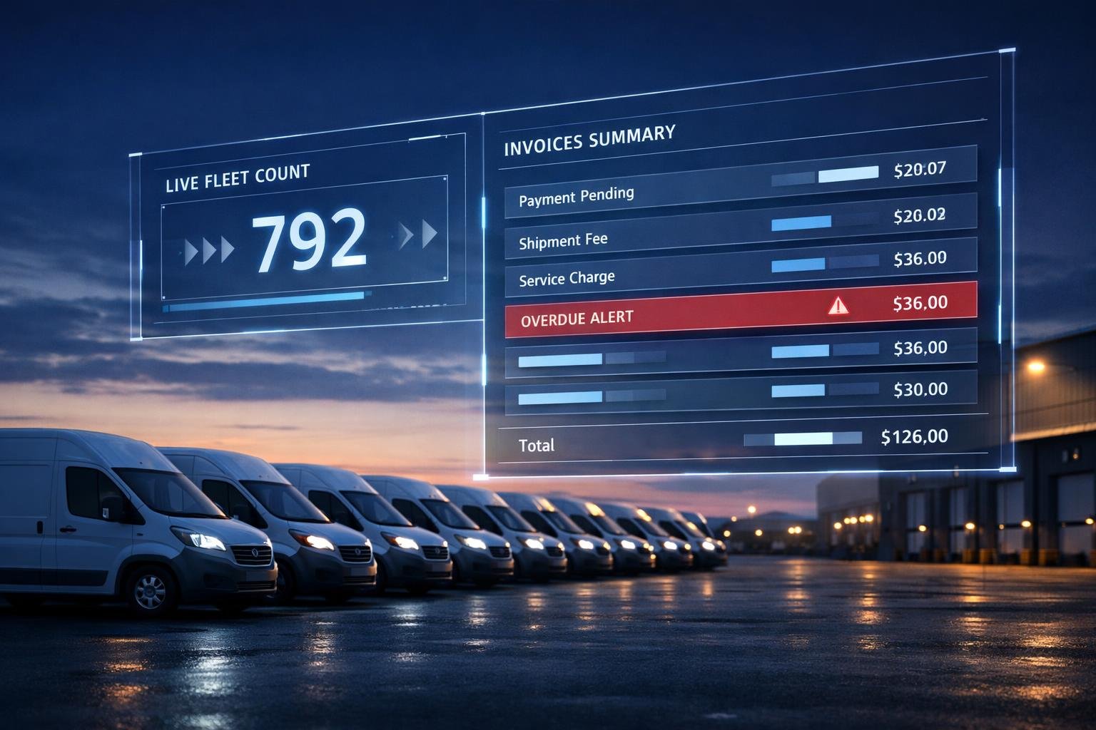 Pay-as-you-go OAI: delivery van fleet at dawn with a live roster billing dashboard overlay