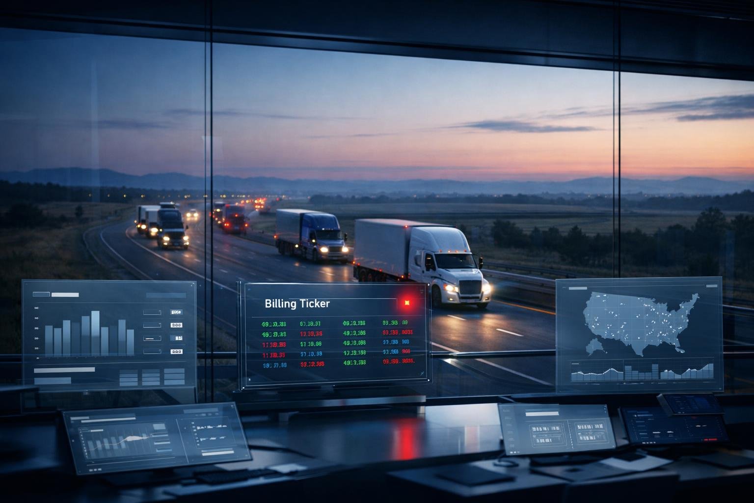 Semi-trucks on an open interstate beneath a logistics command-center display: the trucking OAI carrier on automated rails