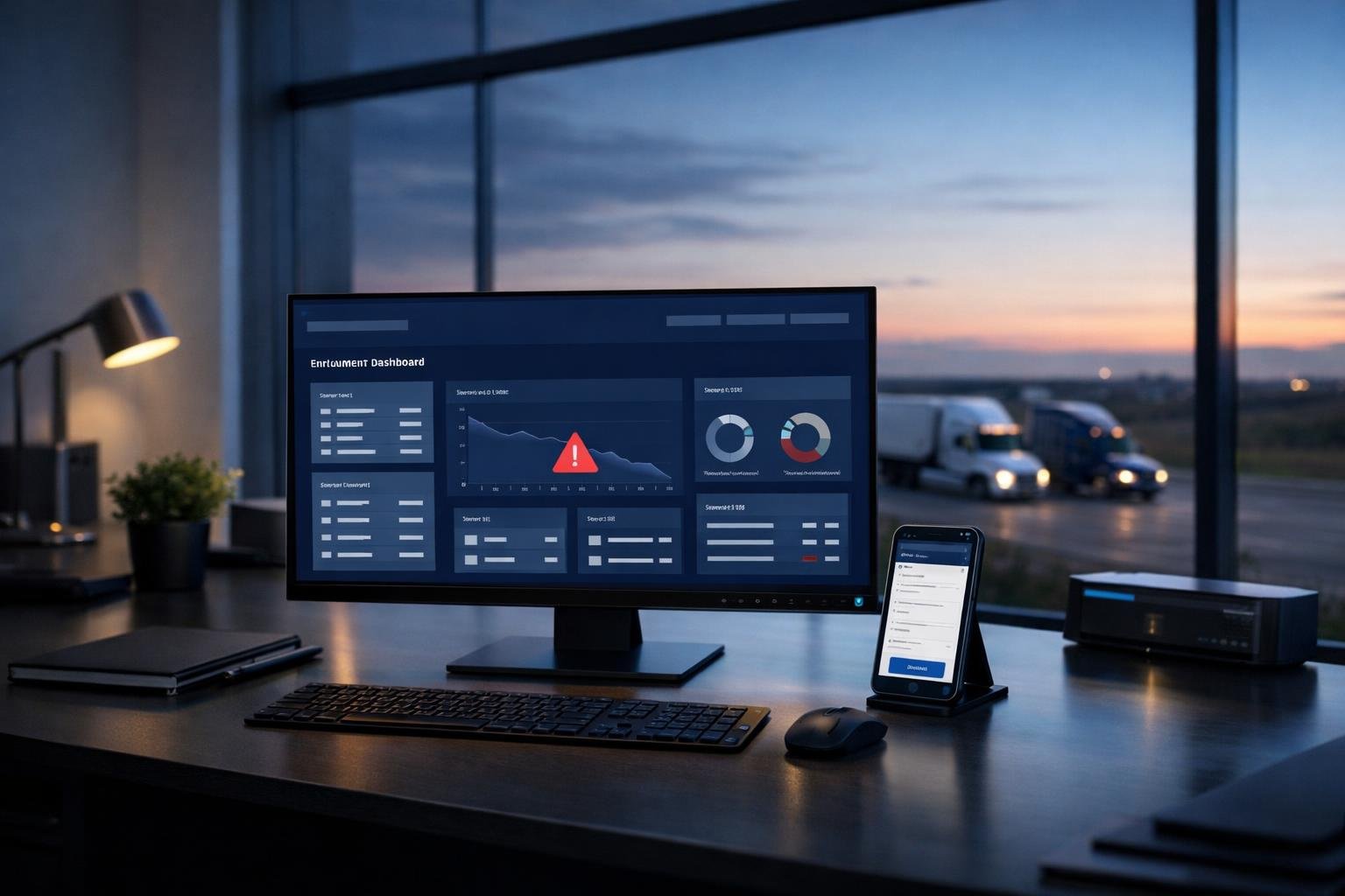 Zero-touch OAI distribution dashboard on a monitor in a modern insurance agency workspace at dusk